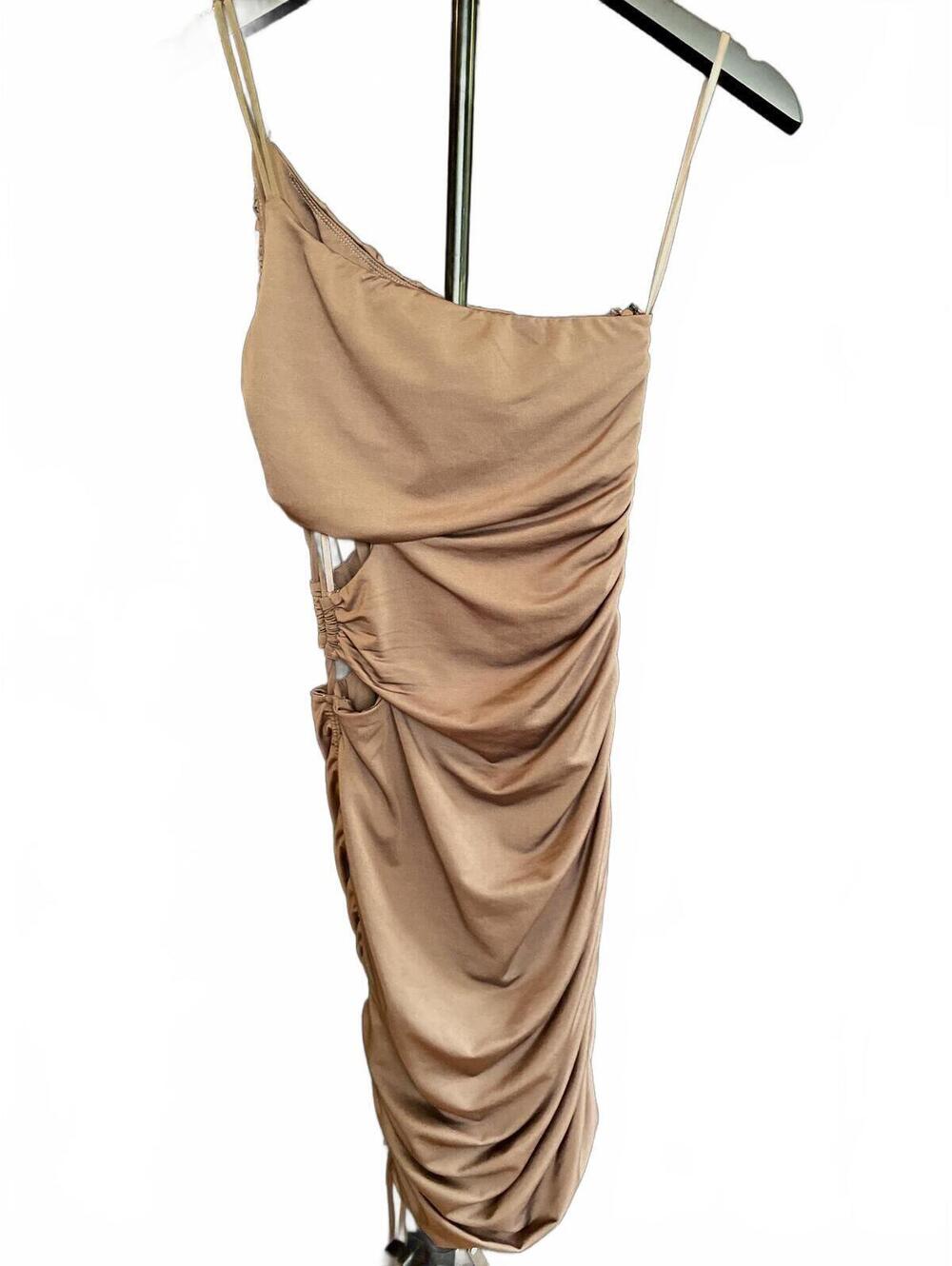 Princess Polly Klara Mini One Shoulder Cut Out Ruched Brown Size 4 - Picture 2 of 6